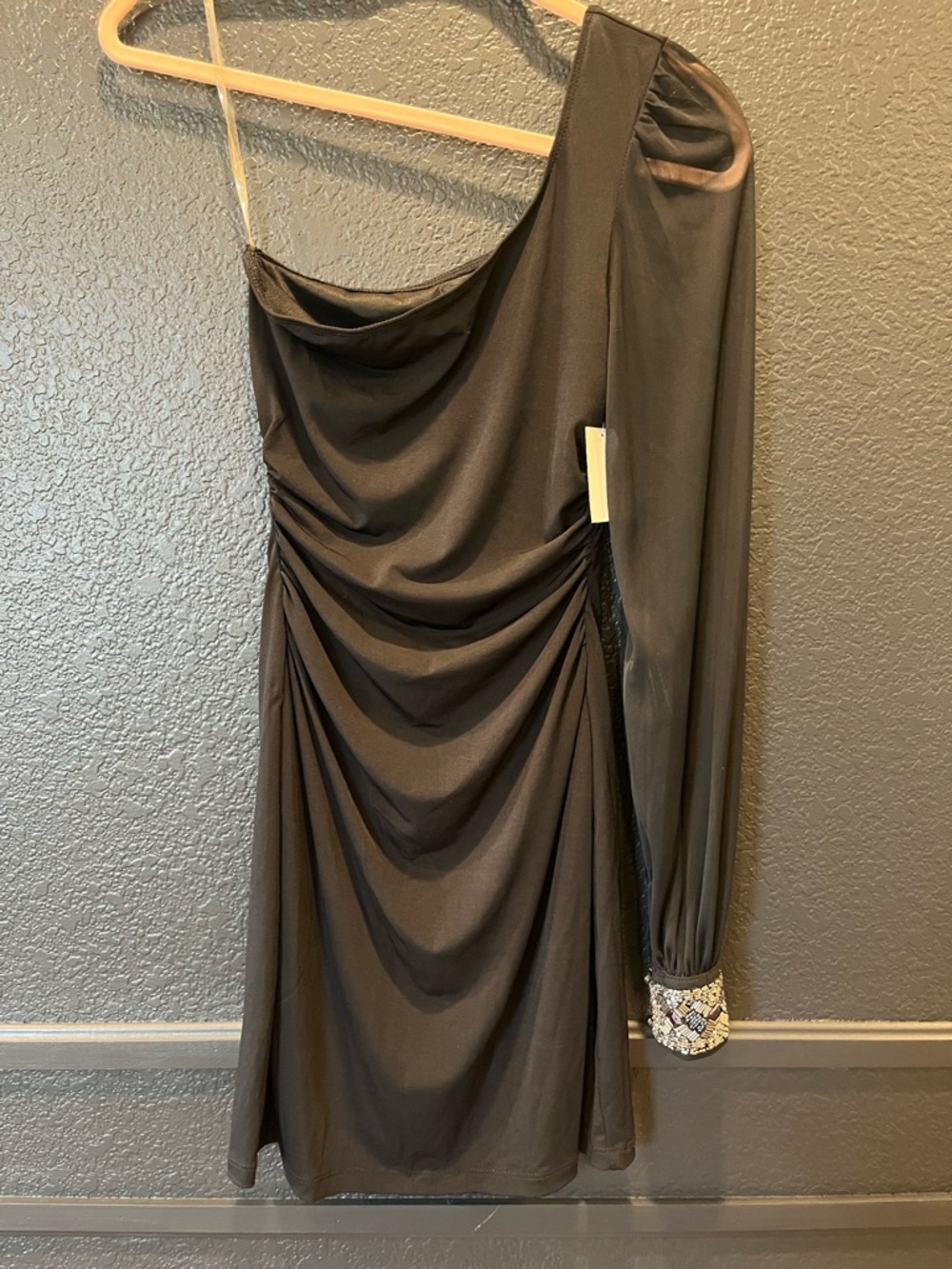 NWT One-Shoulder Black Ruched Evening Dress